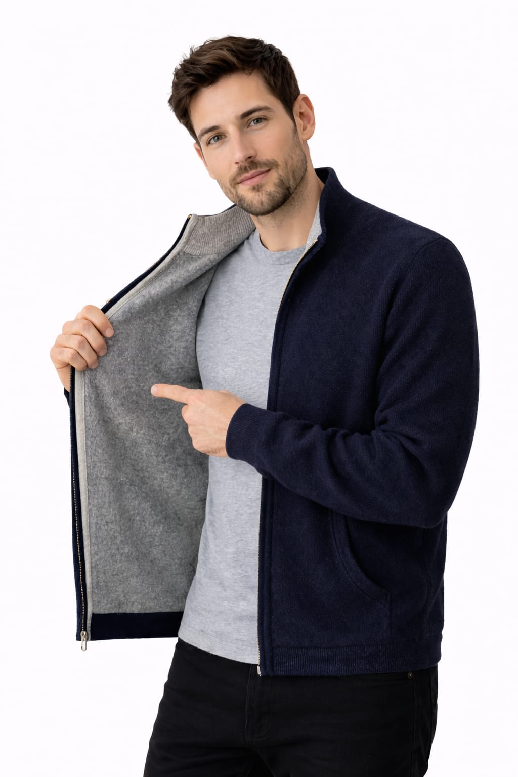 Men’s Cashmere Zip-Up Sweater – Soft Luxury Knit Cardigan | Warm Winter Fleece Lining | Premium Casual Jacket for Men